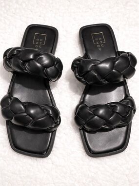 Shu Shop Black Braided Slide Sandals Square Toe Slip On